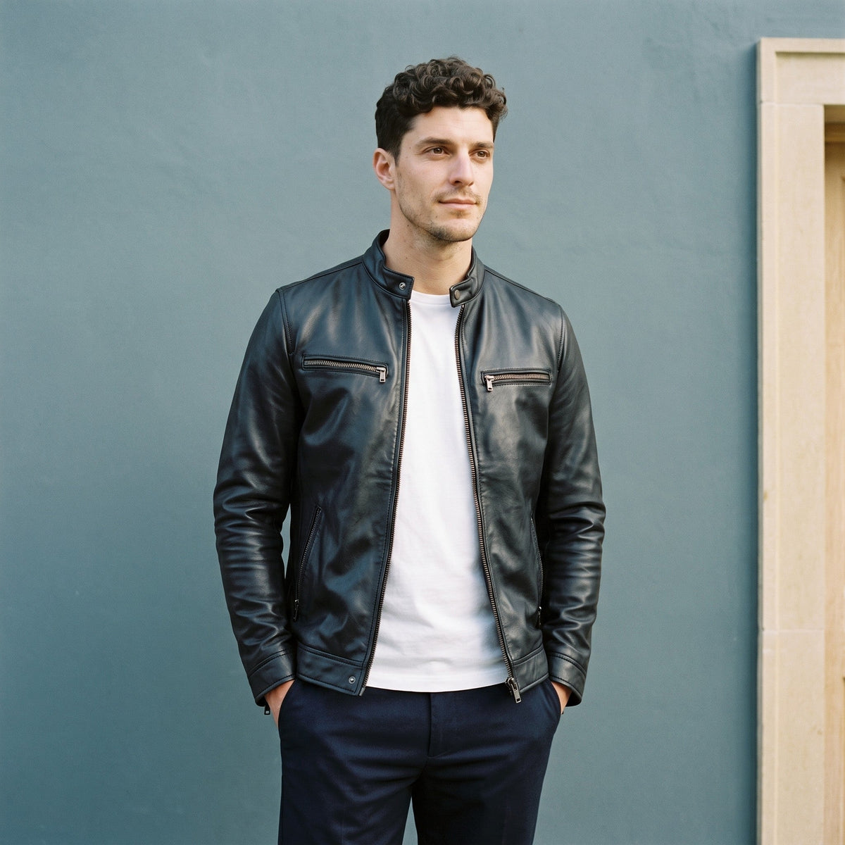 Man wearing a black faux leather biker jacket over a white t-shirt