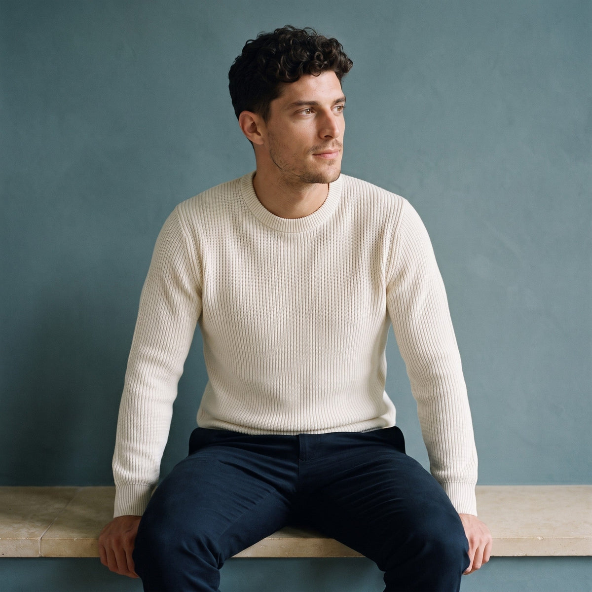 Man wearing a cream ribbed crew neck jumper