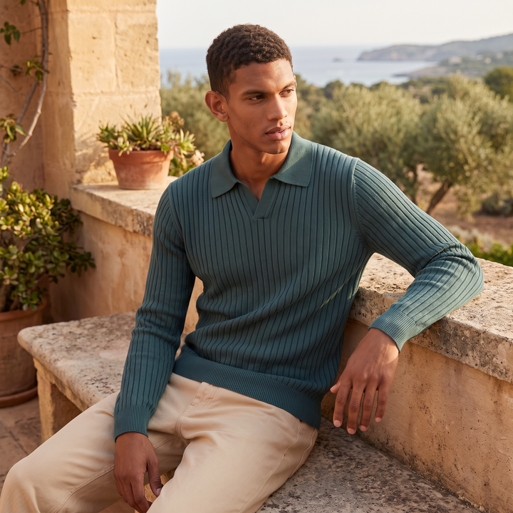 Men's Classic V-Neck Knitted Cotton Polo Jumper