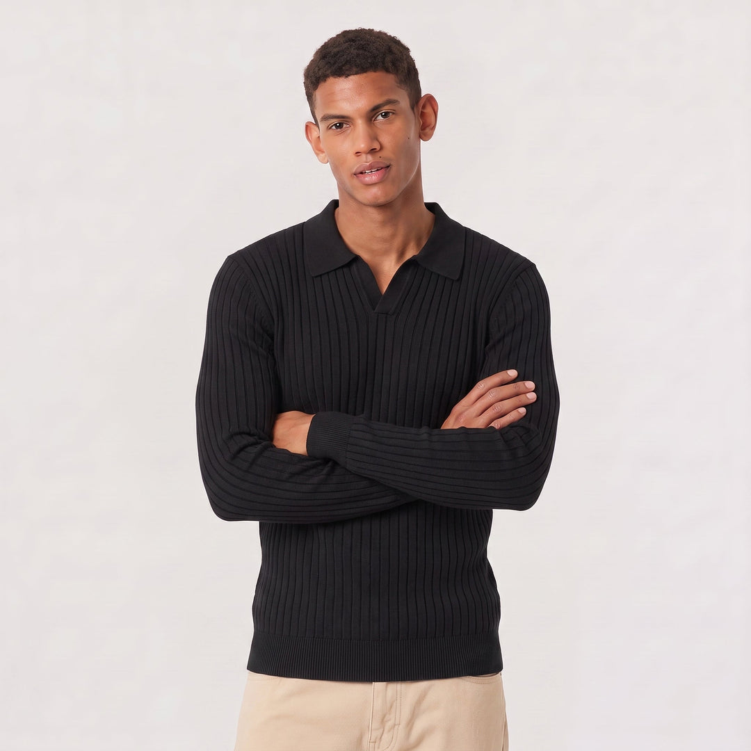 Men's Classic V-Neck Knitted Cotton Polo Jumper