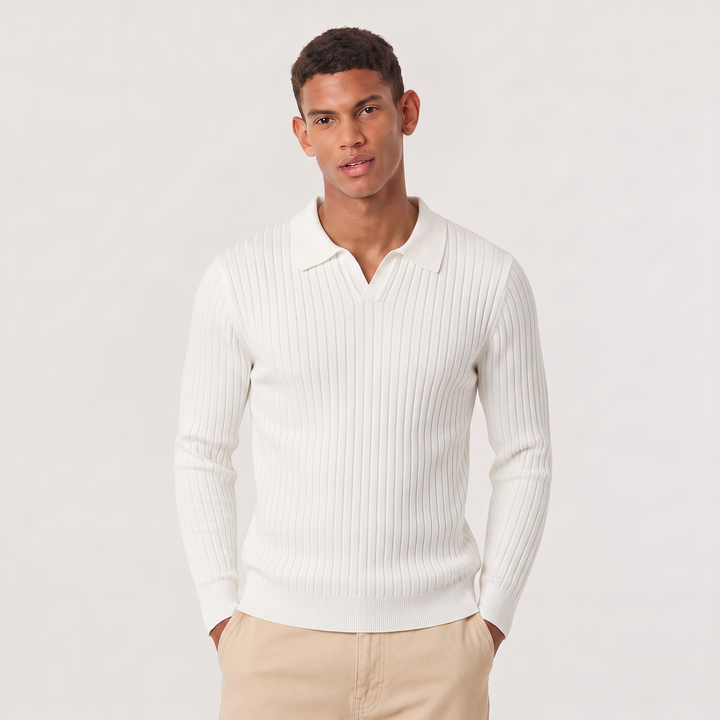 Men's Classic V-Neck Knitted Cotton Polo Jumper