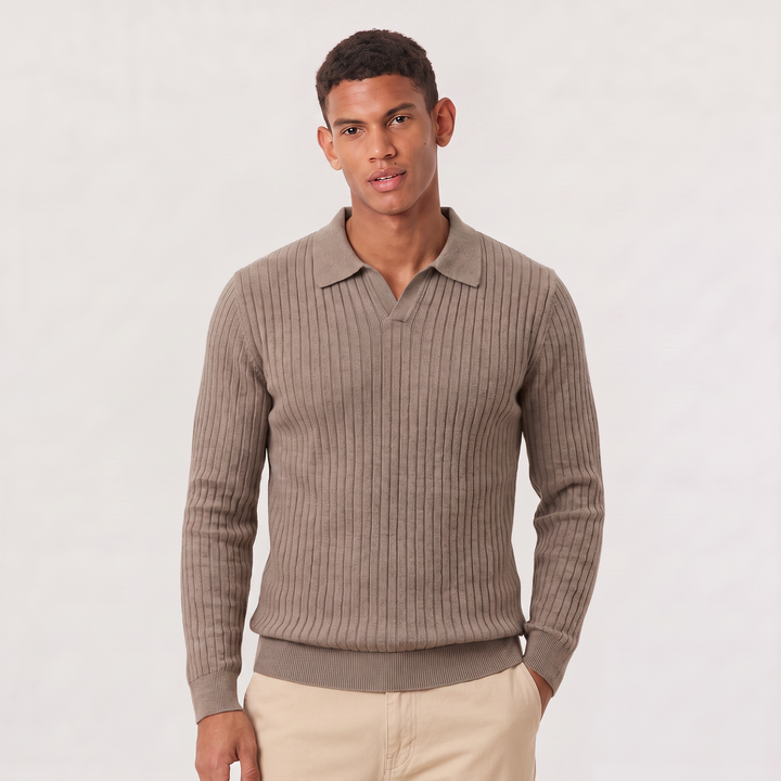Men's Classic V-Neck Knitted Cotton Polo Jumper