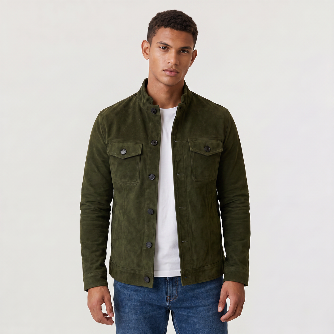 Men's Casual Suede-Look Button-Up Trucker Jacket