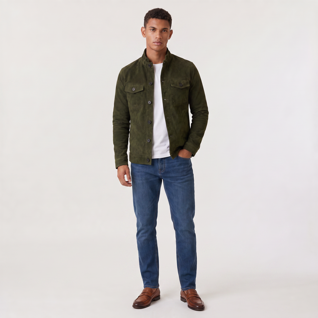 Men's Casual Suede-Look Button-Up Trucker Jacket