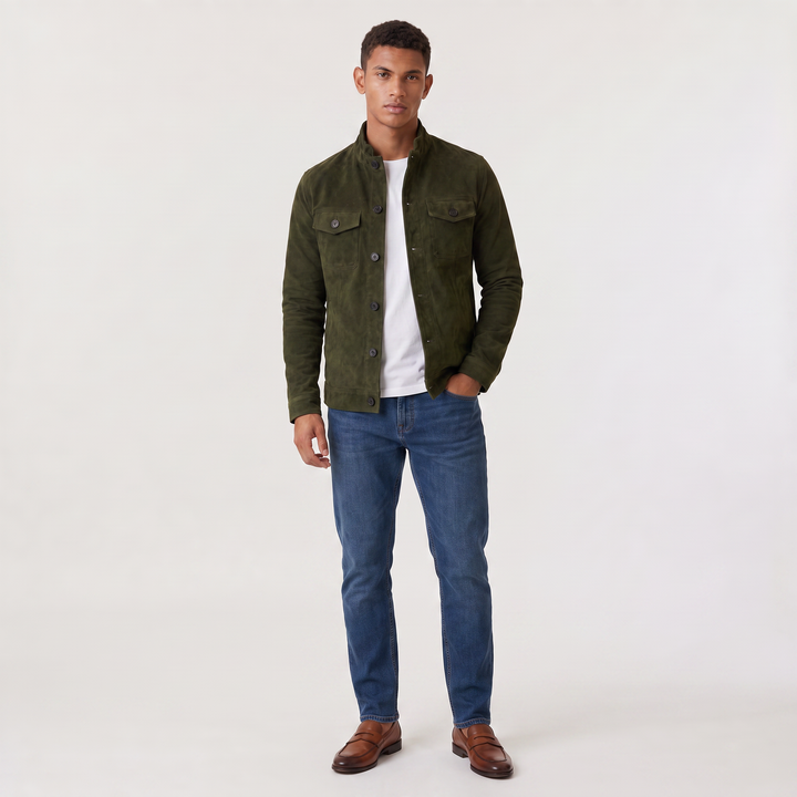 Men's Casual Suede-Look Button-Up Trucker Jacket