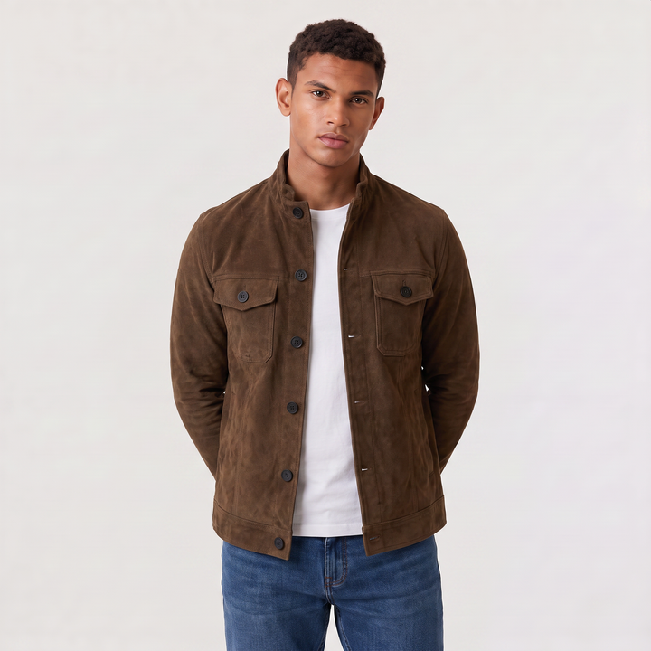 Men's Casual Suede-Look Button-Up Trucker Jacket