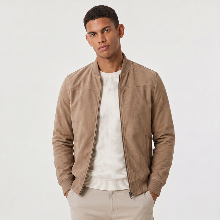 Men's Casual Suede-Look Zip-Up Bomber Jacket