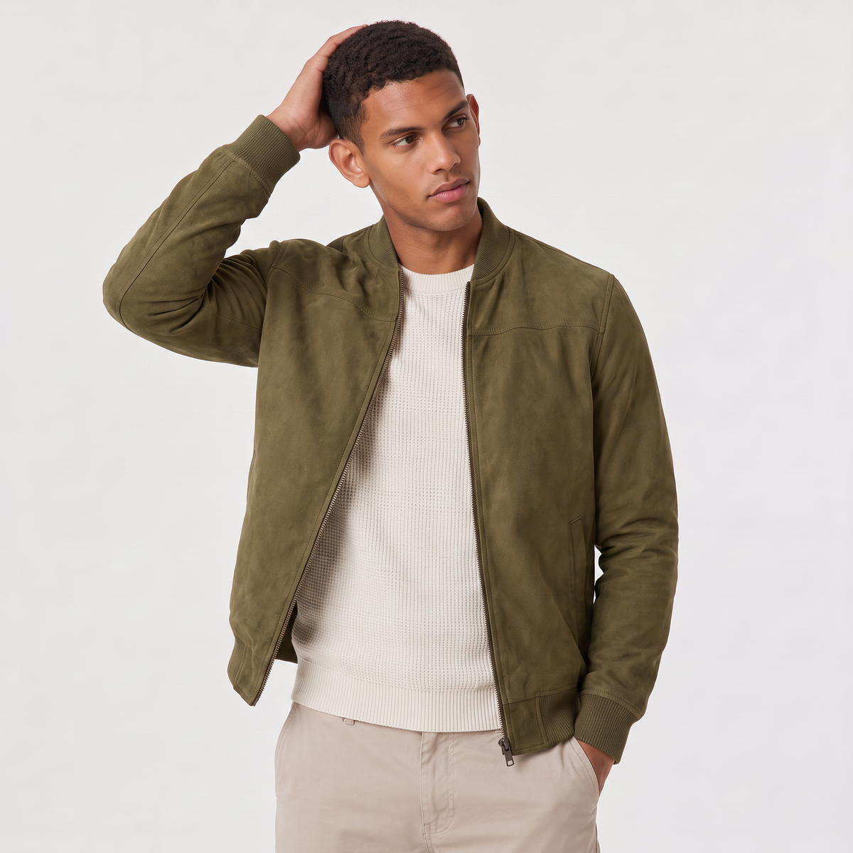 Men's Casual Suede-Look Zip-Up Bomber Jacket