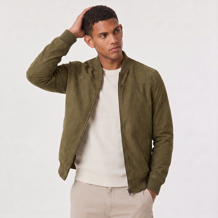 Men's Casual Suede-Look Zip-Up Bomber Jacket