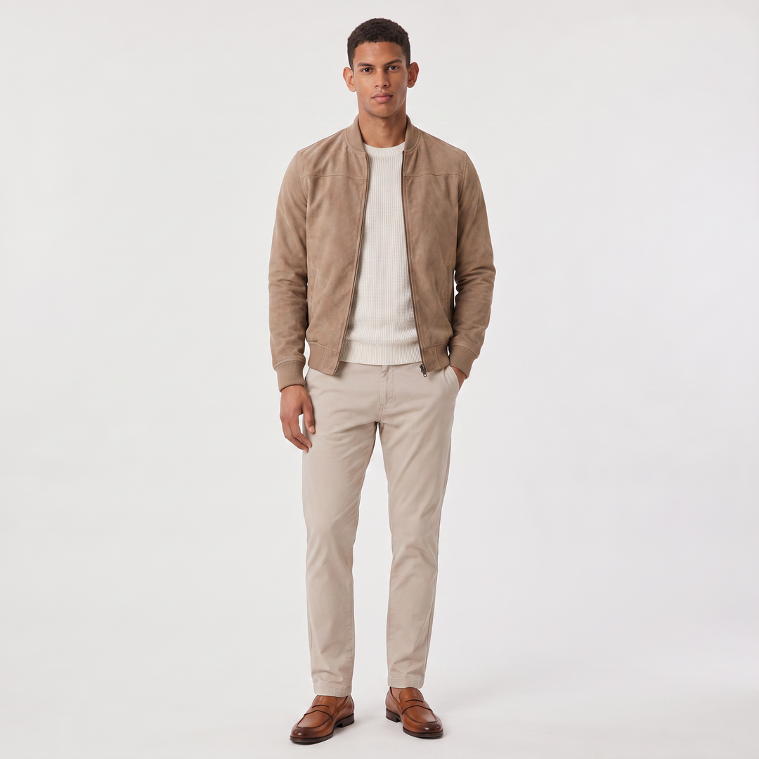 Men's Casual Suede-Look Zip-Up Bomber Jacket
