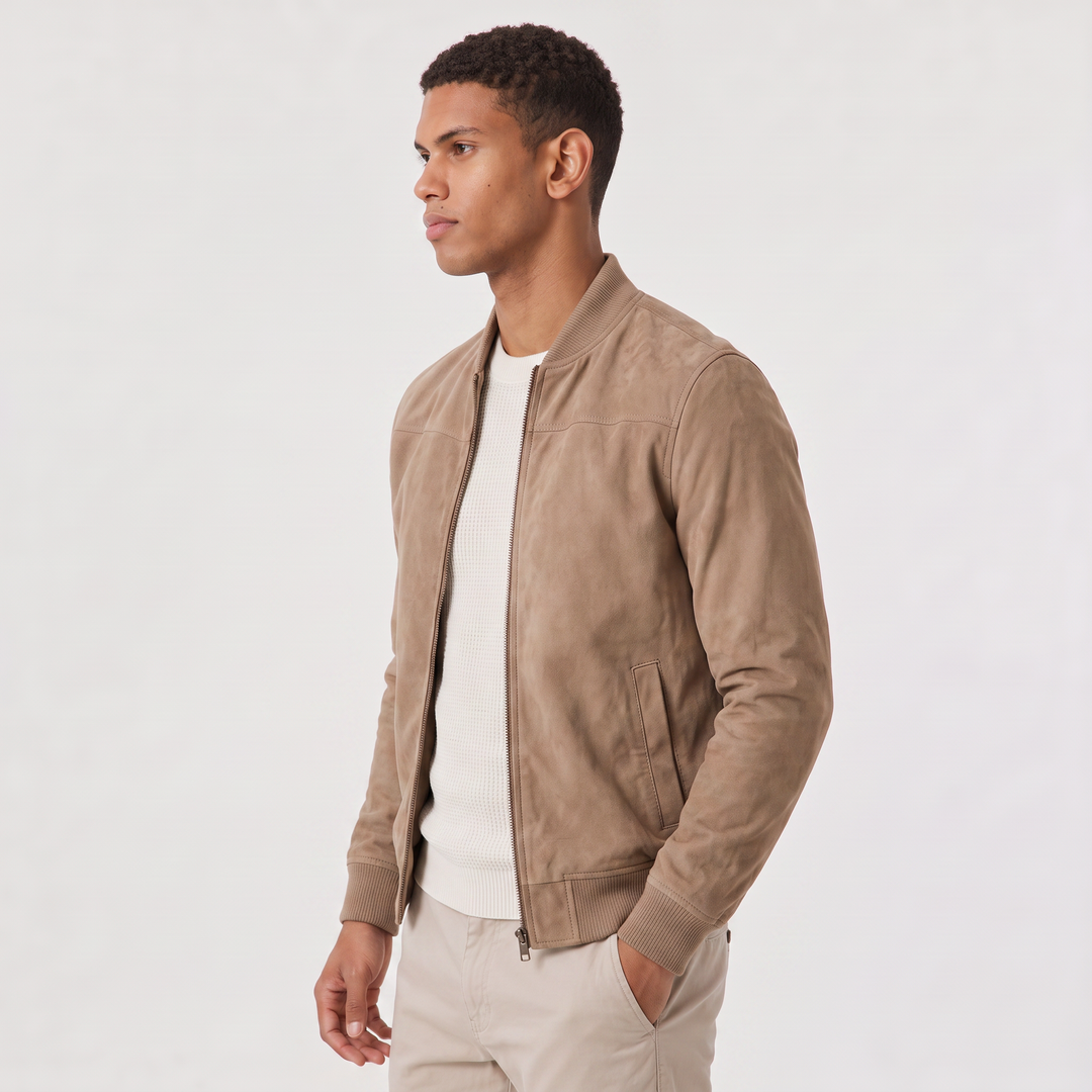 Men's Casual Suede-Look Zip-Up Bomber Jacket
