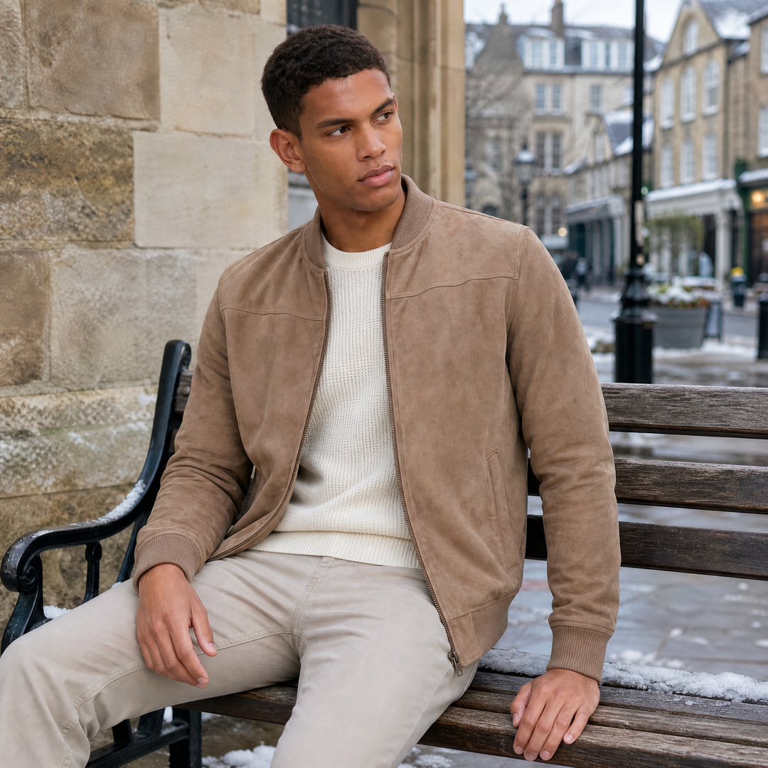 Men's Casual Suede-Look Zip-Up Bomber Jacket